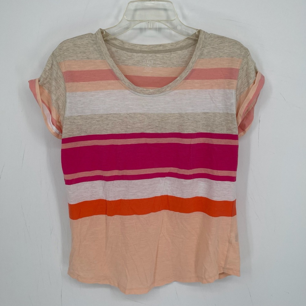 a.n.a Women's Pink Multi Striped Crewneck Cuffed Short Sleeve Tee T-Shirt Size M